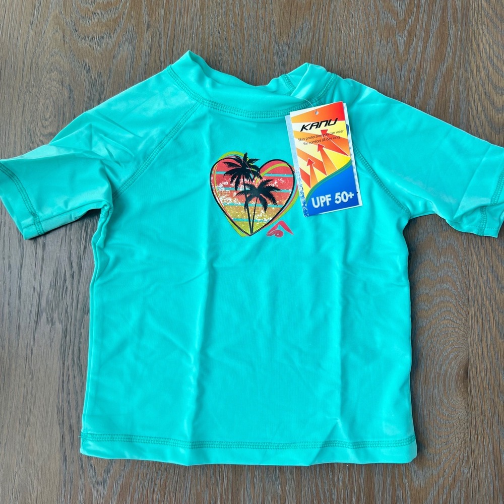 🌊Kanu Surf Girls Julia Rash Guard Ice Green Heart Palm Tree UPF 50+ 5T NEW
